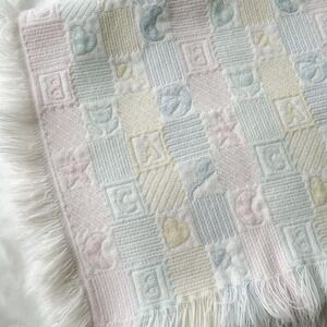 Vintage Woven Pastel Celestial Letter Block Baby Blanket Fringe Moon Star 31x36"